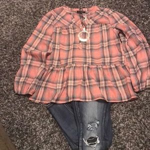 Pink Plaid Button-Front Ruffle-Hem Top